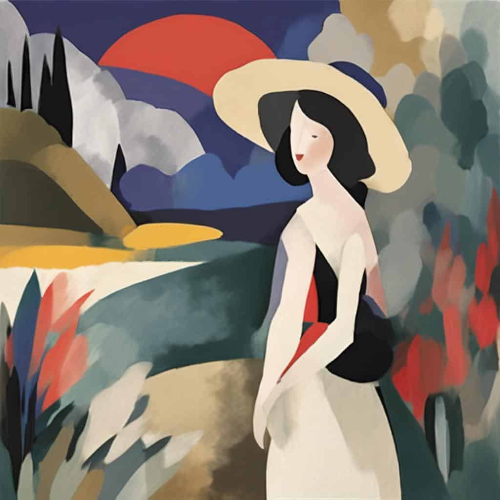Ομορφιά στην τέχνη, γυναικεία φιγούρα με καπέλο σε αφηρημένο τοπίο, σύγχρονα ρεύματα τέχνης, ζωγραφική με έντονες και ζωηρές χρωματικές αντιθέσεις, αναπαράσταση φιλοσοφικών ρευμάτων μέσα από την τέχνη.