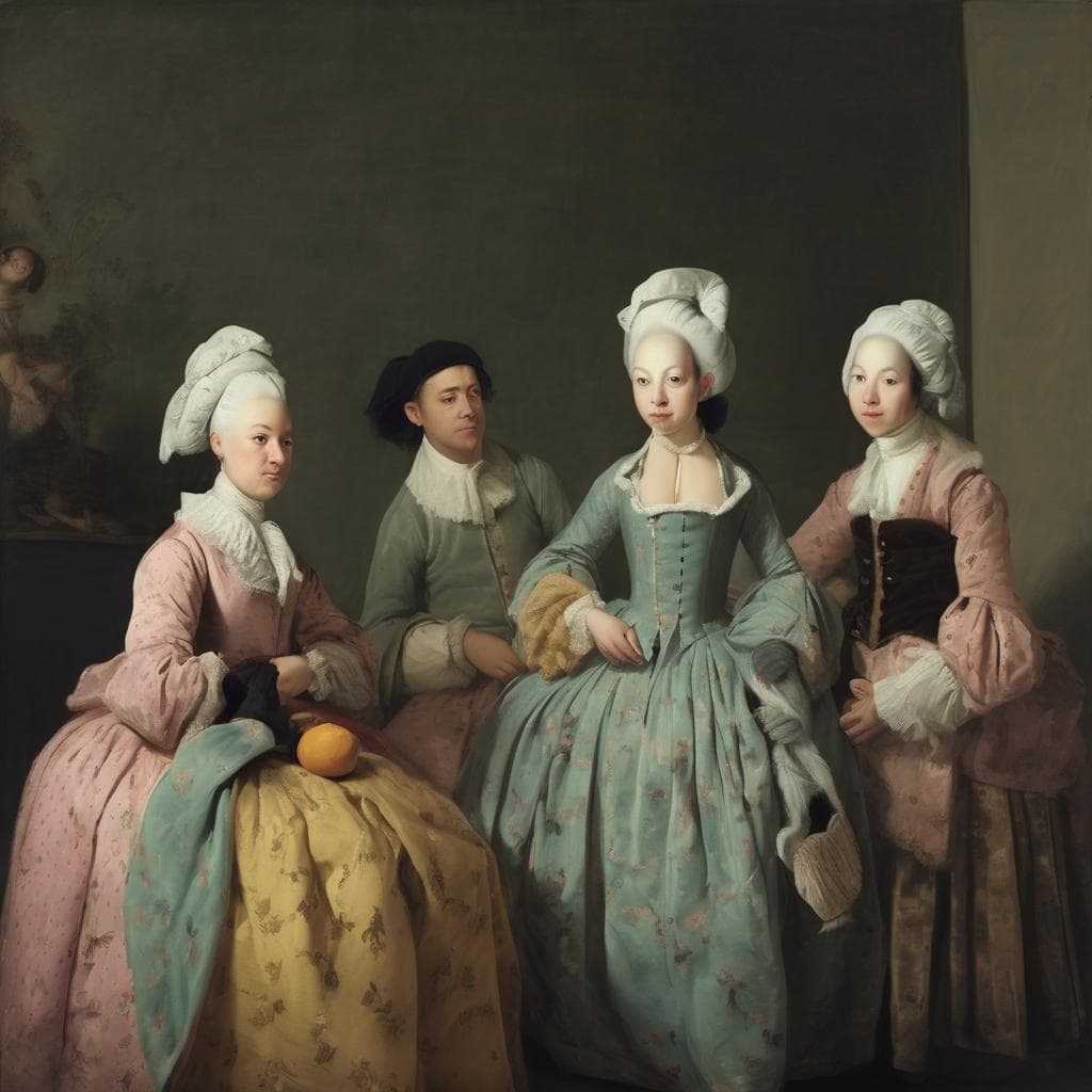 Πίνακας με έντονα ροκοκό φουστάνια και περούκες στα δύο πλάνα, αναπαριστώντας την τέχνη του 18ου αιώνα, δείχνει την εξέλιξη των ρευμάτων στην τέχνη μέσα στους αιώνες.