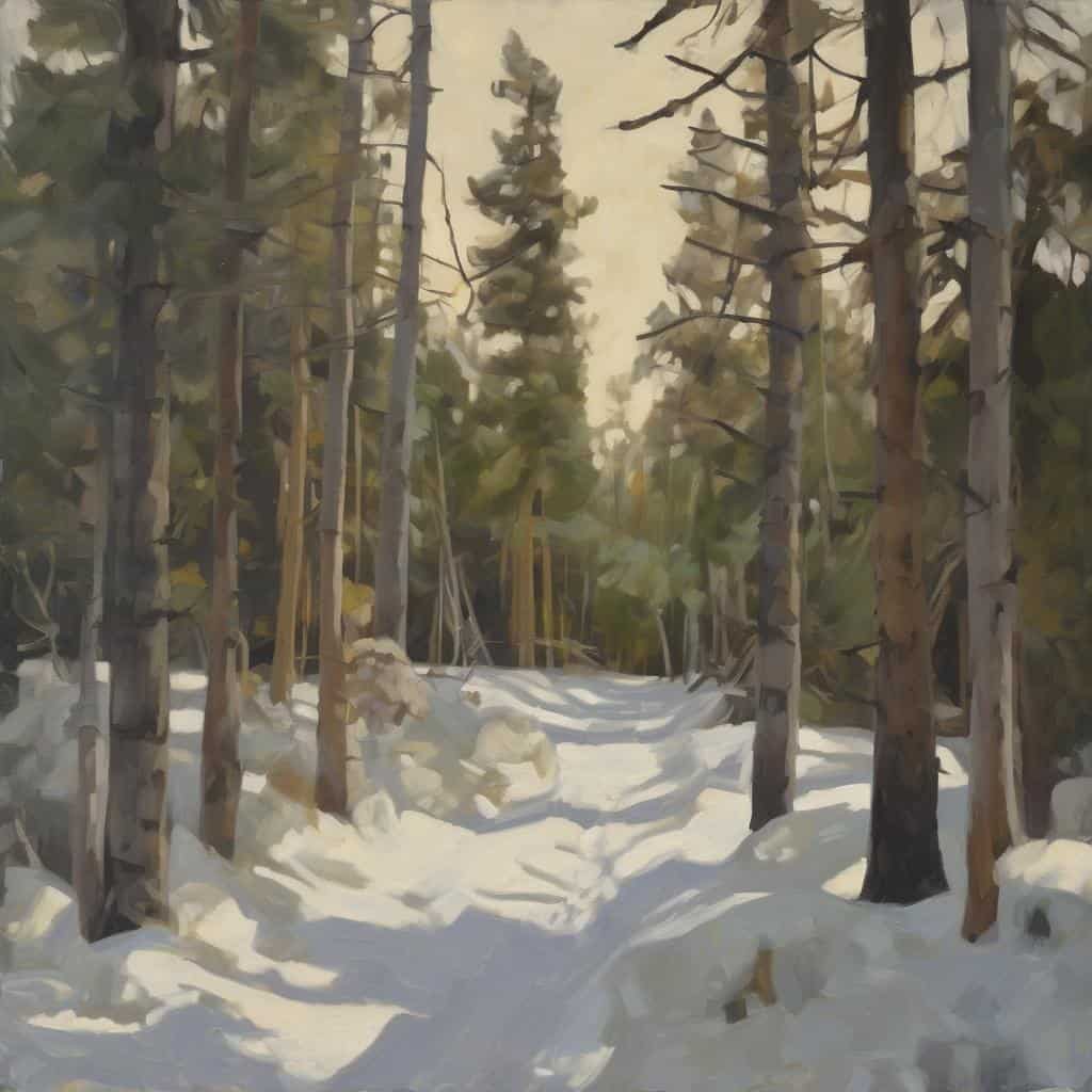 Ζωγραφική εικόνα δάσους το χειμώνα με χιόνι, αναπαριστώντας τα ρεύματα στην τέχνη μέσα στους αιώνες, με έμφαση στη φύση και την εποχή.