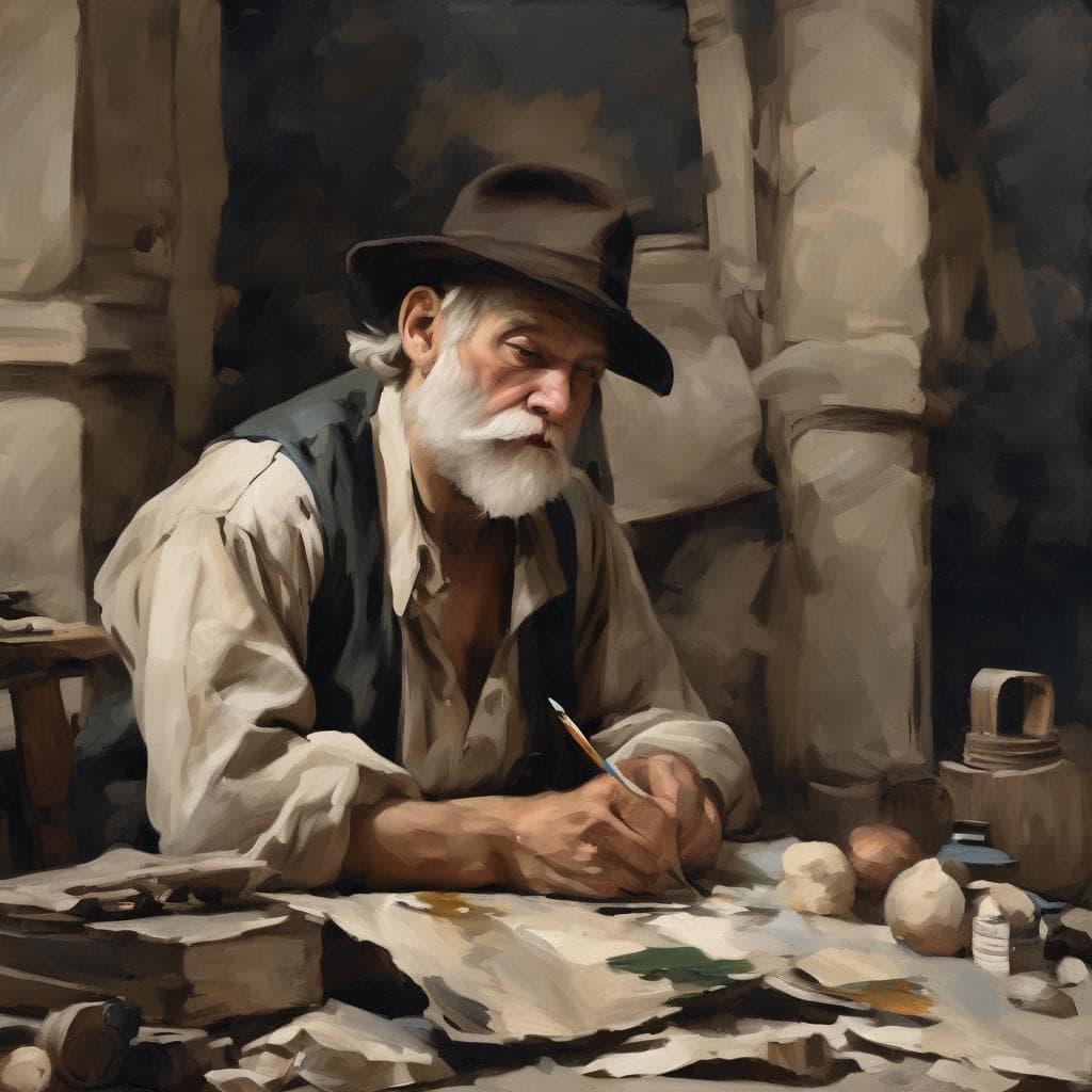 Παραδοσιακή ζωγραφιή με ηλικιωμένο καλλιτέχνη στο εργαστήριο, δημιουργώντας τέχνη σύμφωνα με τους ρεύματα στην τέχνη μέσα στους αιώνες, με εστίαση στη ρομαντική και ρεαλιστική τεχνική.