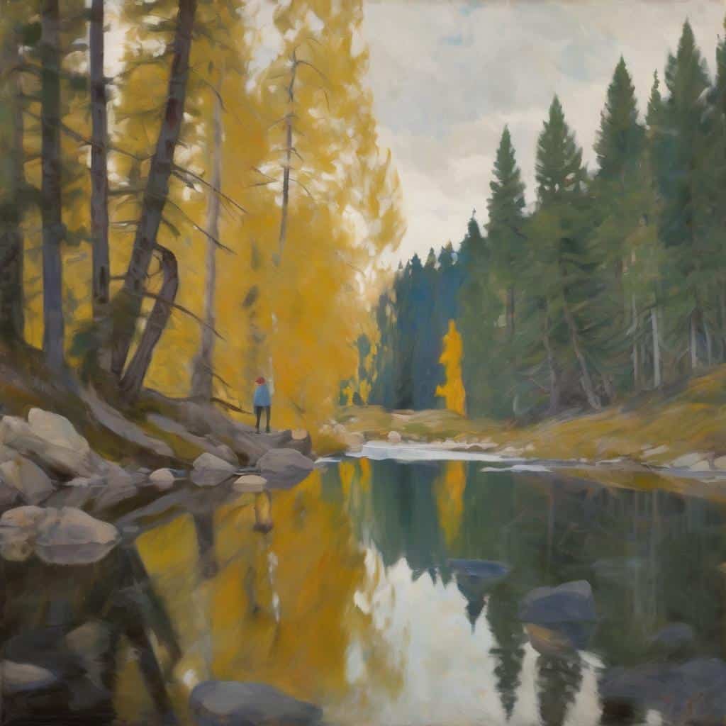 Οὐρανό μπροστά από τα έλατα, φιγούρα ανθρώπου στη φύση, τοπίο με λίμνη και δέντρα, αποτύπωση των ρευμάτων στην τέχνη μέσα στους αιώνες, εξιδανικεύοντας το φυσικό περιβάλλον.