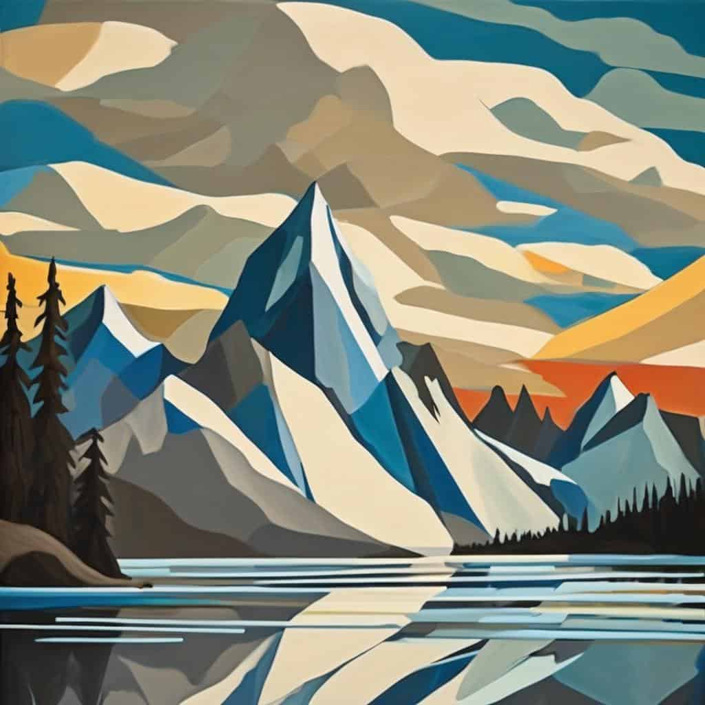 Ζωγραφική με ρεύματα στην τέχνη μέσα στους αιώνες, αποτυπώνοντας βουνά, λίμνες και σύννεφα σε αφηρημένο στυλ, που αναδεικνύει την εξέλιξη των καλλιτεχνικών κινημάτων.